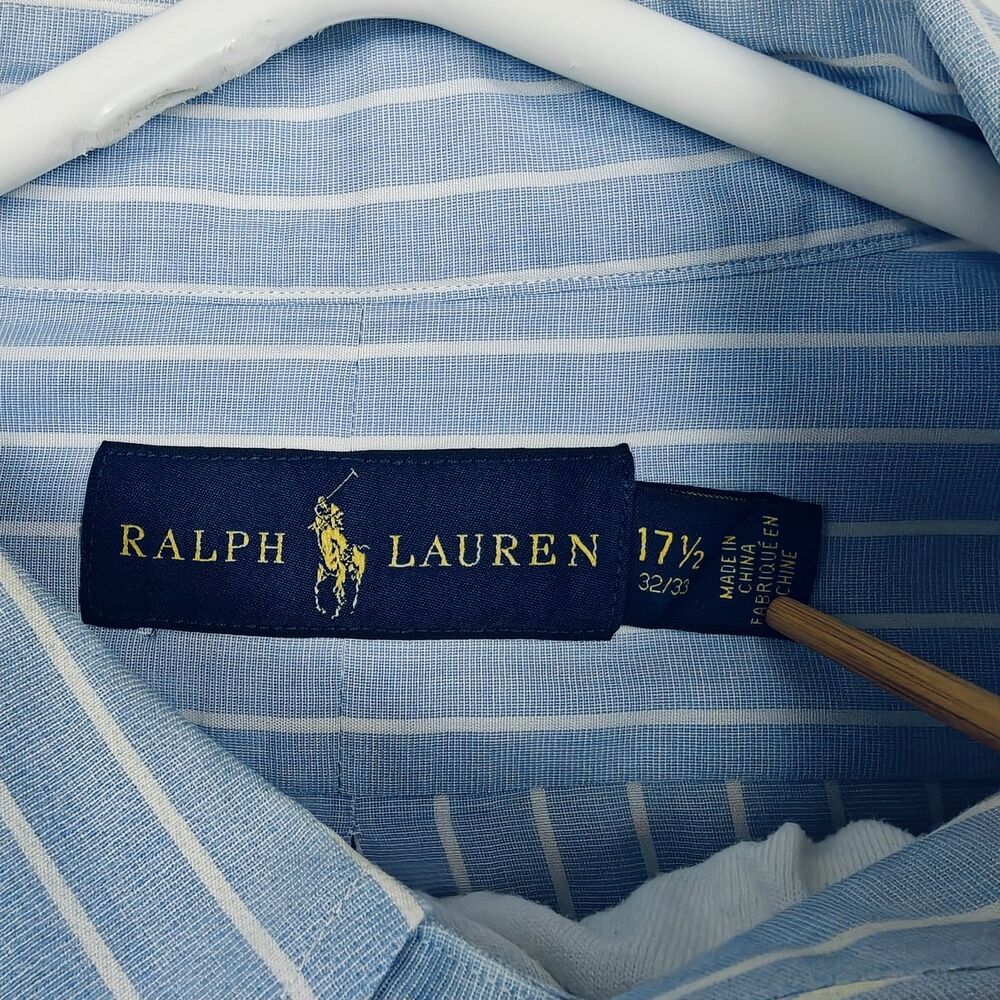 Ralph Lauren Shirt Mens 17.5 32/33  XL Blue Classic Striped Button Long Sleeve - Picture 5 of 5